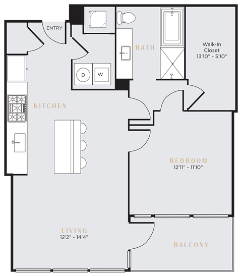 Floor plan for 1 bed, 1 bath, 909 sqft